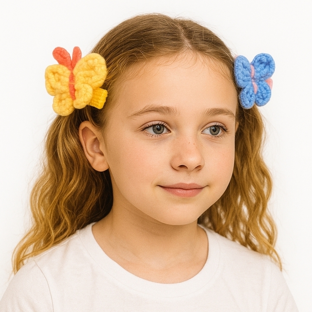 Hand Crafted Hand Knit Crochet Butterfly Hair Clip blue-yellow 1" Alligator clip